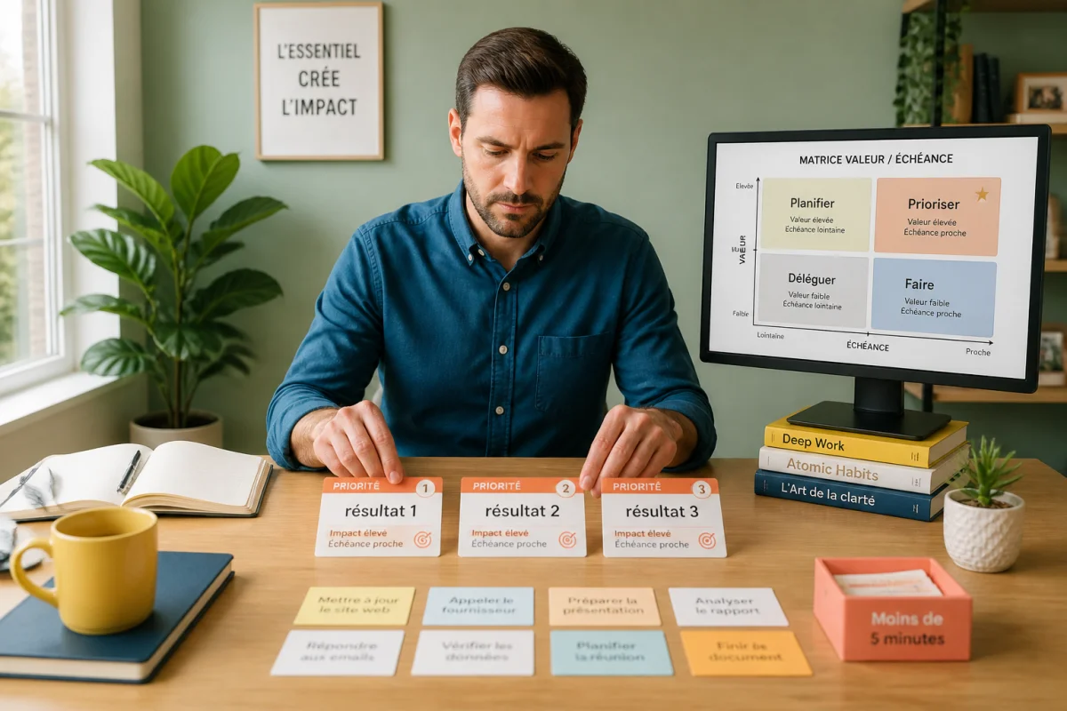 Personne sélectionnant trois priorités parmi une liste de tâches pour améliorer sa productivité au quotidien dans un bureau lumineux
