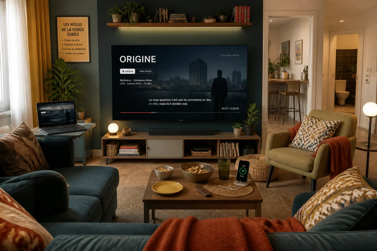 Salon organisé pour une soirée série, écran avec sous-titres, télécommande accessible, collations et câbles soigneusement rangés