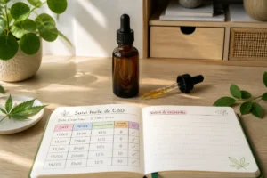 Flacon ambré d’huile de CBD, compte-gouttes et carnet de suivi pour bien choisir son huile de CBD