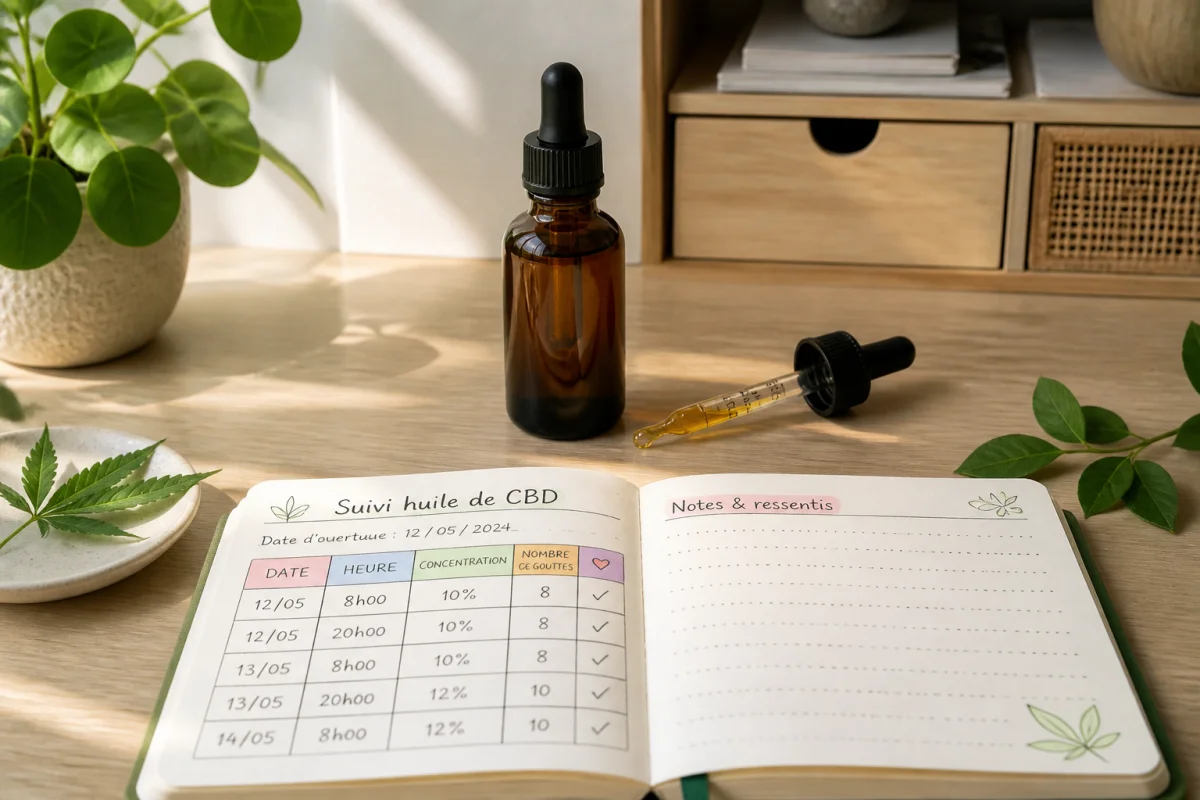Flacon ambré d’huile de CBD, compte-gouttes et carnet de suivi pour bien choisir son huile de CBD