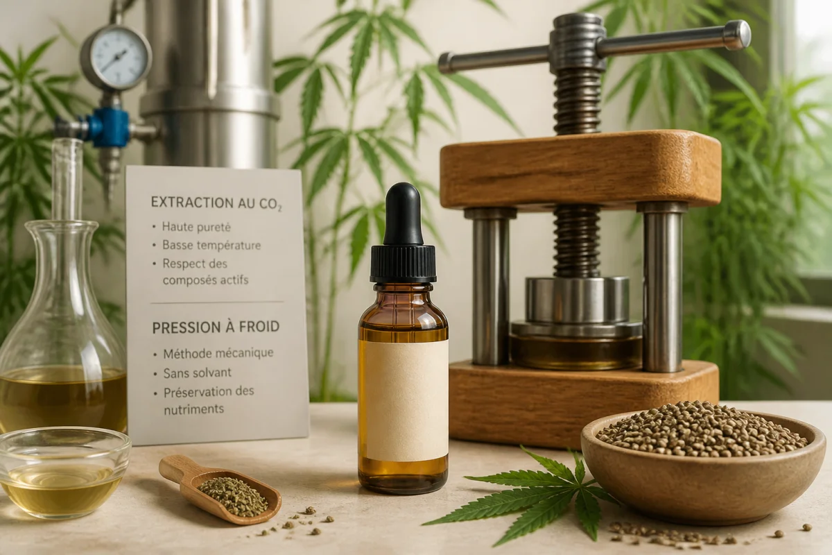 Bien choisir son huile de CBD : flacon de chanvre, presse à froid, graines et outils d’extraction artisanale.