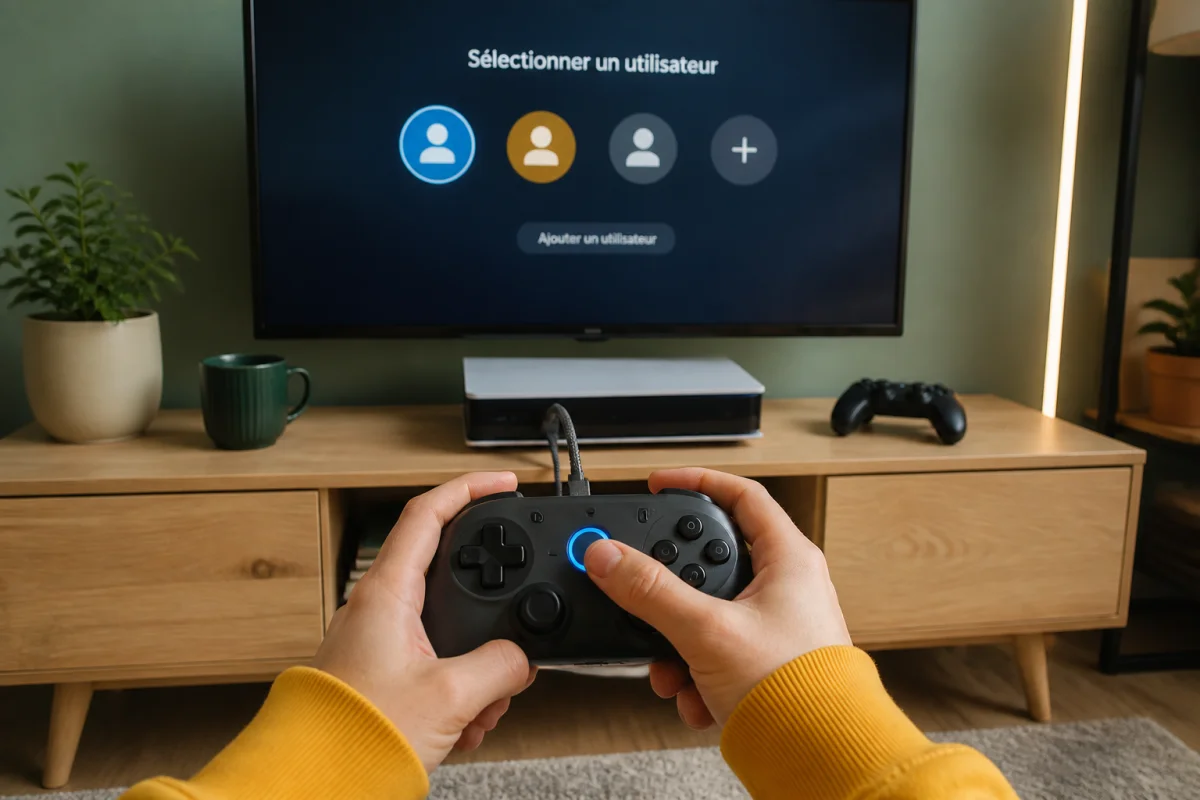 Personne connectant une manette sans fil à la console avec un câble USB-C dans un salon moderne