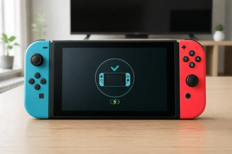 Console hybride avec manettes bleu turquoise et rouge corail fixées sur les rails, illustrant comment connecter une manette à la console