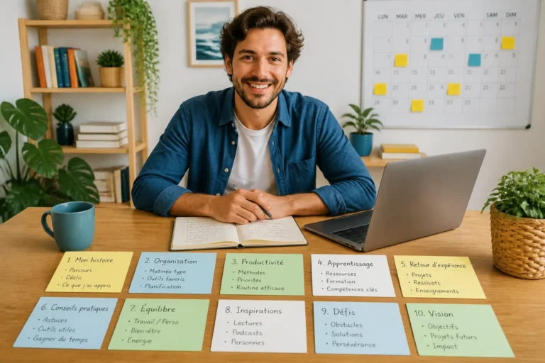 Créer un blog personnel : créateur souriant organisant dix idées d’articles sur un bureau lumineux, avec ordinateur, notes et calendrier.