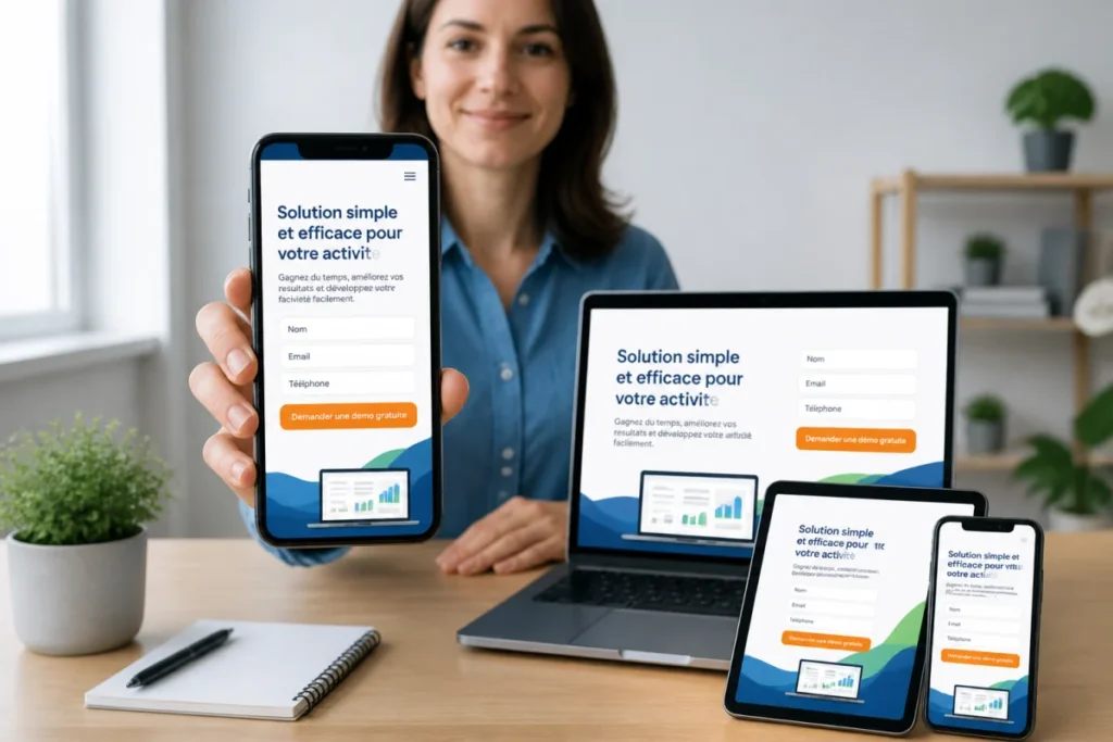 Professionnelle testant une page de destination responsive sur smartphone, avec formulaire simple et bouton d’action bien visible.