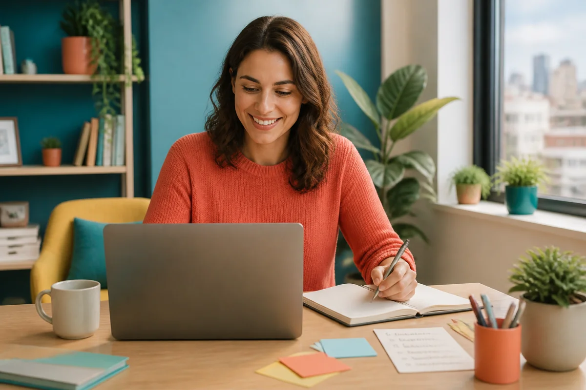 Personne souriante consultant des ressources Hadlemans sur ordinateur, avec carnet ouvert dans un espace de travail lumineux