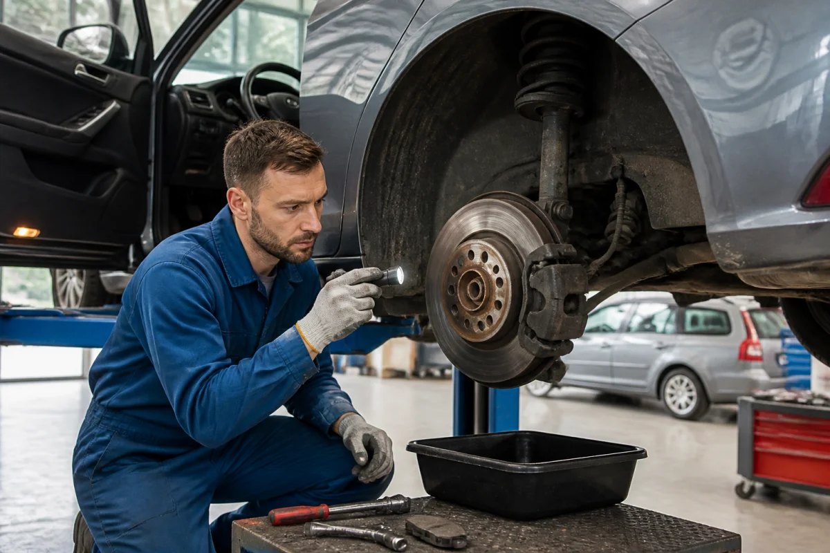 Mécanicien inspectant des freins usés sur une voiture, avec disque, étrier et plaquettes visibles dans un atelier automobile