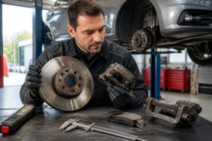 Mécanicien inspectant un disque, un étrier et des plaquettes pour l’entretien des freins de voiture dans un atelier automobile