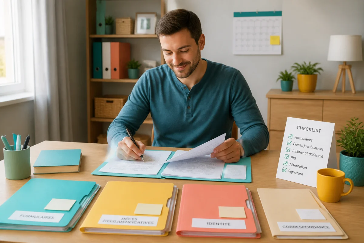 Adulte serein préparant des formalités administratives du quotidien, avec formulaires, justificatifs classés et checklist cochée