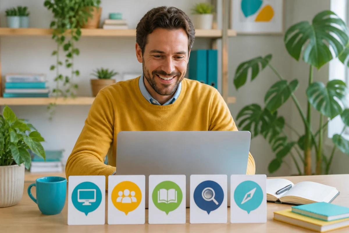 Personne souriante consultant un ordinateur portable pour découvrir les repères numériques utiles de French Does
