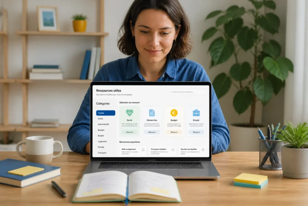 French Does : personne francophone consultant des ressources utiles en ligne sur un ordinateur portable dans un espace lumineux