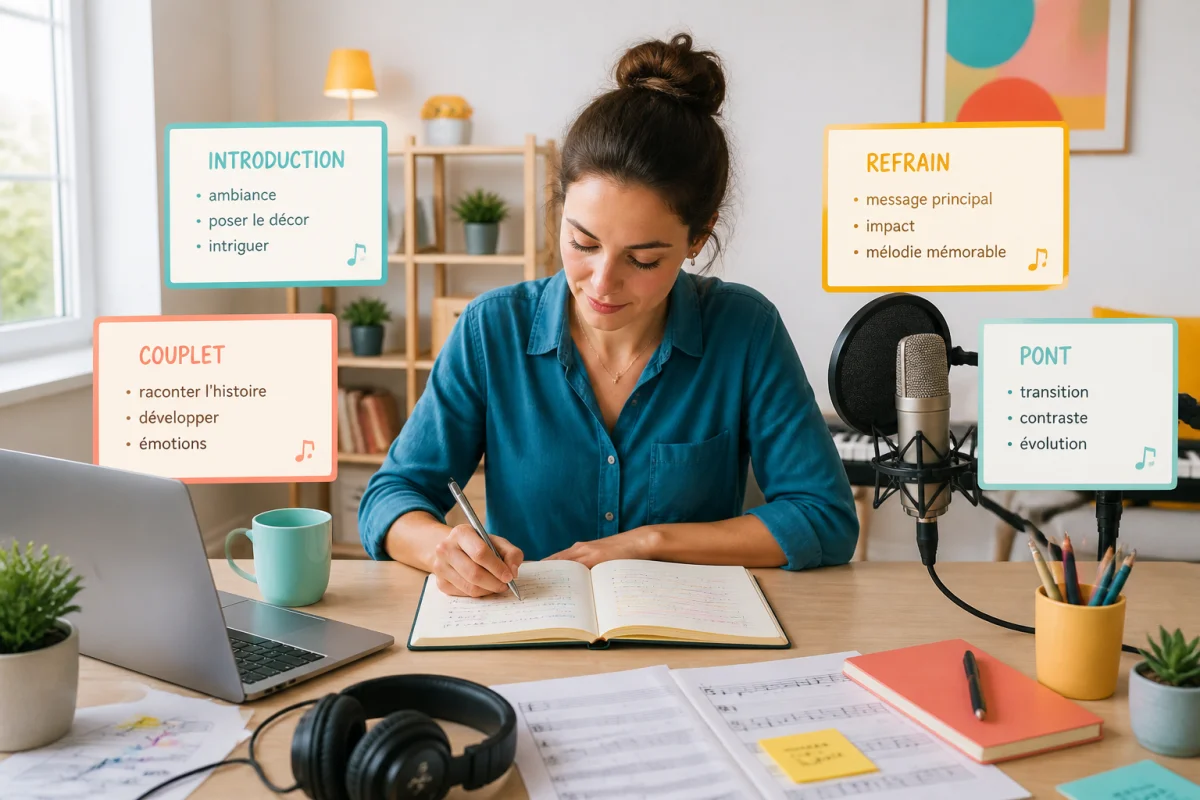 Générateur de chanson IA gratuit avec paroles : créateur organisant introduction, couplet, refrain et pont sur un bureau musical