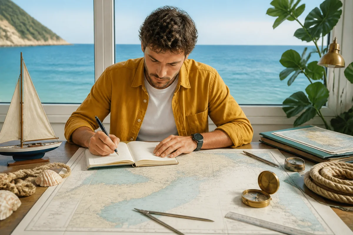 Greenawaymarine : personne préparant un projet maritime, étudiant une carte marine et prenant des notes face à la mer.