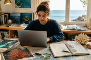 Greenawaymarine : personne explorant l’univers marin sur ordinateur portable, carnet de notes et carte marine près de la mer.