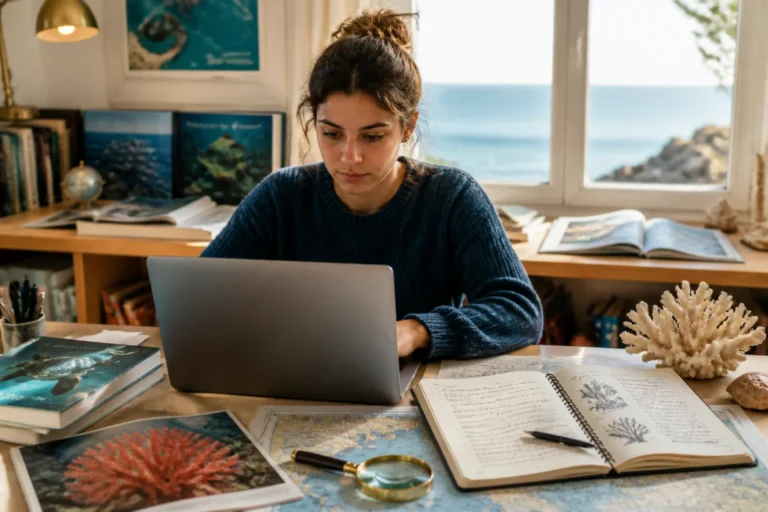 Greenawaymarine : personne explorant l’univers marin sur ordinateur portable, carnet de notes et carte marine près de la mer.