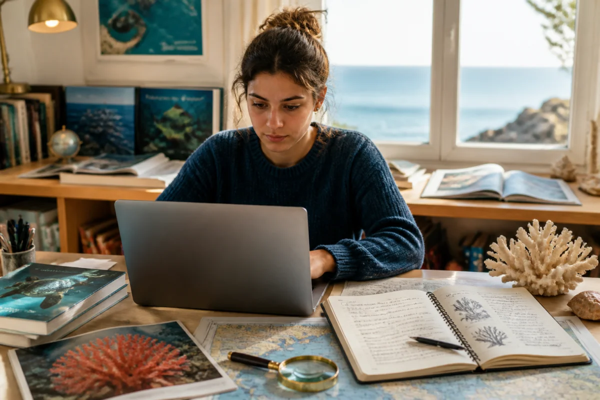 Greenawaymarine : personne explorant l’univers marin sur ordinateur portable, carnet de notes et carte marine près de la mer.