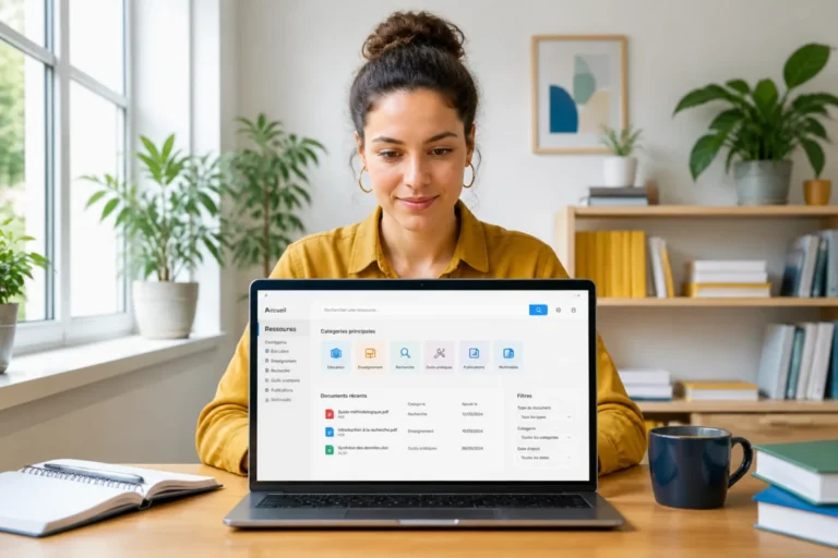 Personne explorant Hadlemans sur une plateforme numérique de ressources, avec recherche, documents et outils organisés à l’écran