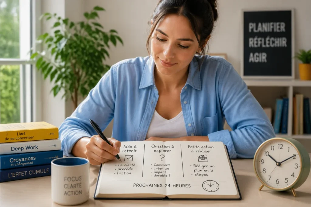 L’Hypothese : personne notant trois idées dans un carnet, symbole de vérification et plan d’action sur un bureau lumineux.