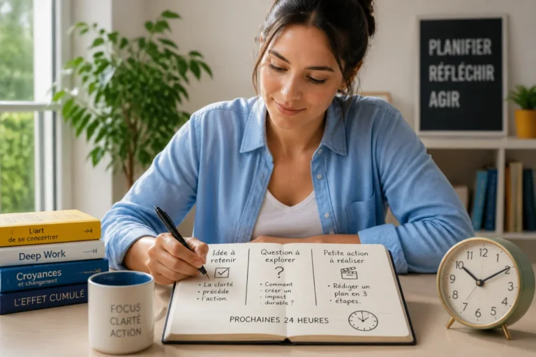 L’Hypothese : personne notant trois idées dans un carnet, symbole de vérification et plan d’action sur un bureau lumineux.