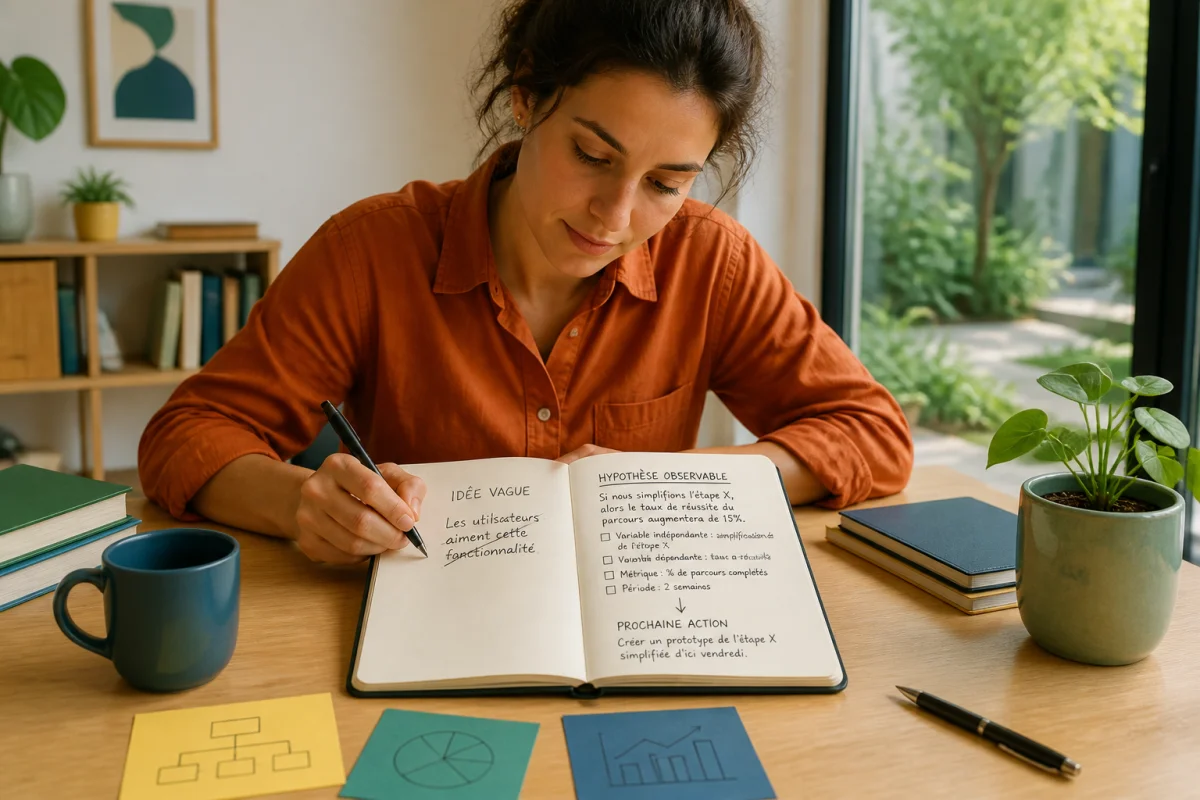 Personne transforme une idée vague en hypothèse précise et note une action concrète dans un carnet de travail