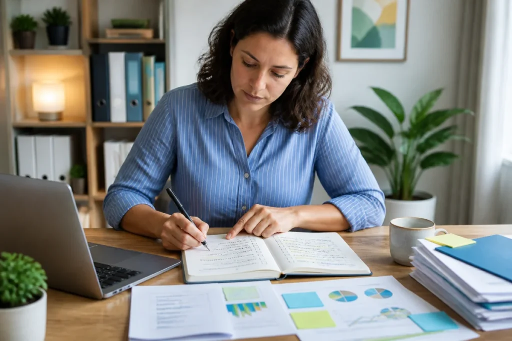 Personne préparant ses démarches avec Justeo, ordinateur, carnet d’objectifs et documents organisés sur un bureau lumineux