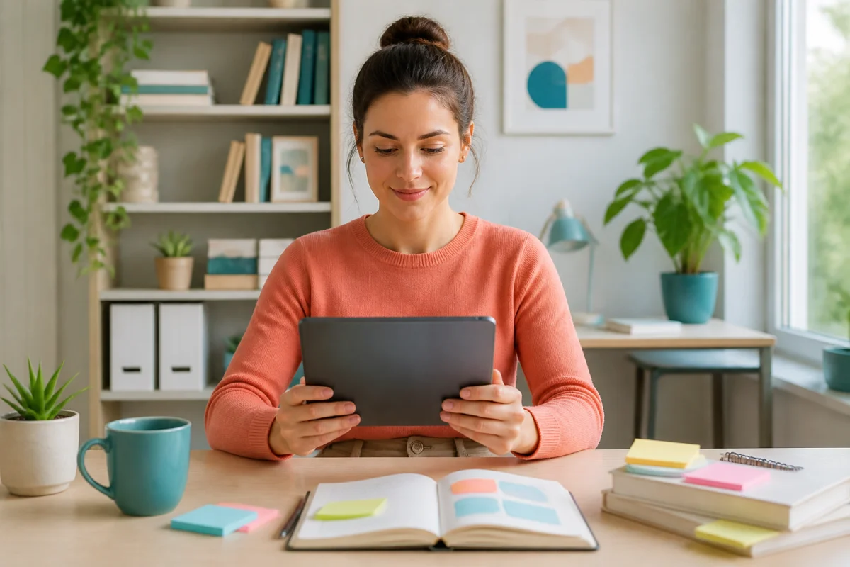 Jeune adulte consultant une tablette pour organiser sa recherche en ligne et planifier ses démarches avec Justeo
