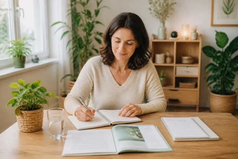 Personne préparant sereinement une consultation à la Naturheilpraxis Ehningen, avec carnet, questions et documents sur une table en bois