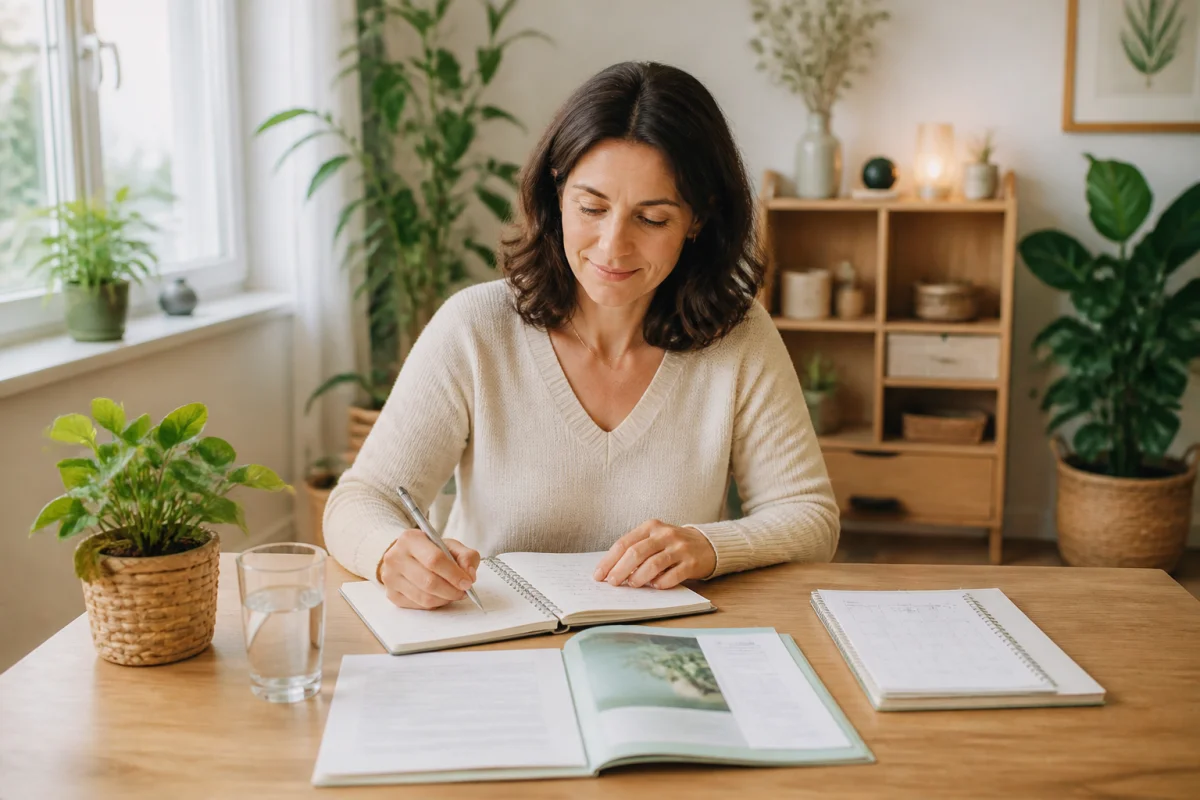 Personne préparant sereinement une consultation à la Naturheilpraxis Ehningen, avec carnet, questions et documents sur une table en bois