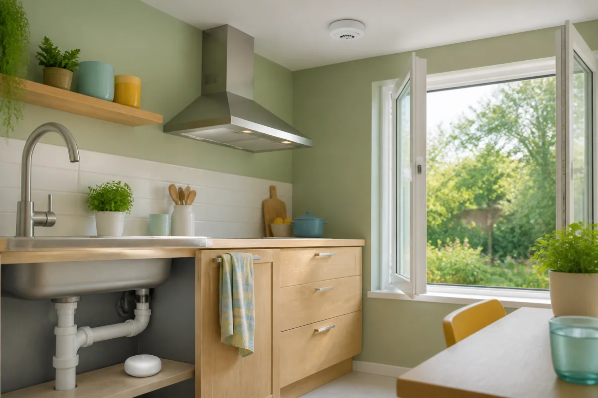 Objets connectés pour maison intelligente : détecteurs de fuite, fumée et ouverture dans une cuisine moderne