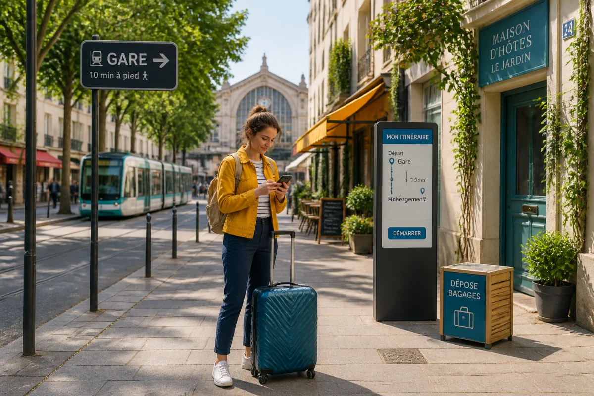 Voyageuse organisant un voyage en train, itinéraire en main devant une gare et une maison d’hôtes urbaines