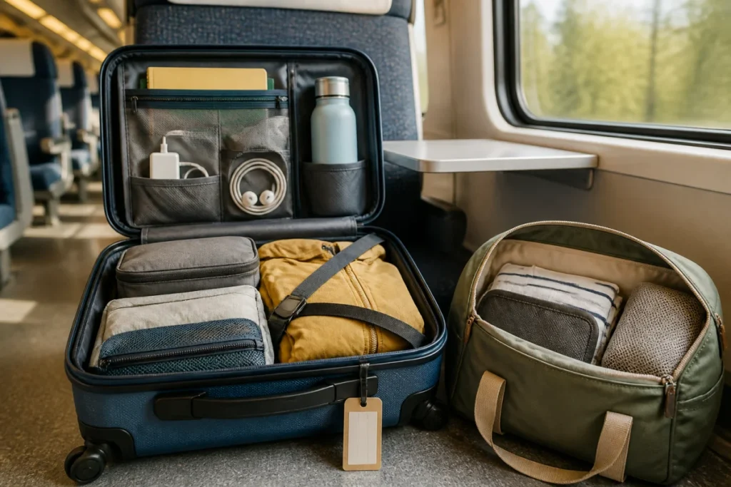 Organiser un voyage en train avec une valise et un sac soigneusement rangés près d’une place assise