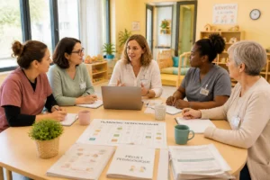 Équipe de professionnelles réunie pour organiser le projet pédagogique et ouvrir une crèche privée efficacement