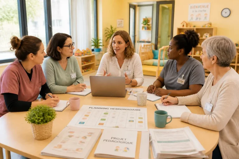 Équipe de professionnelles réunie pour organiser le projet pédagogique et ouvrir une crèche privée efficacement