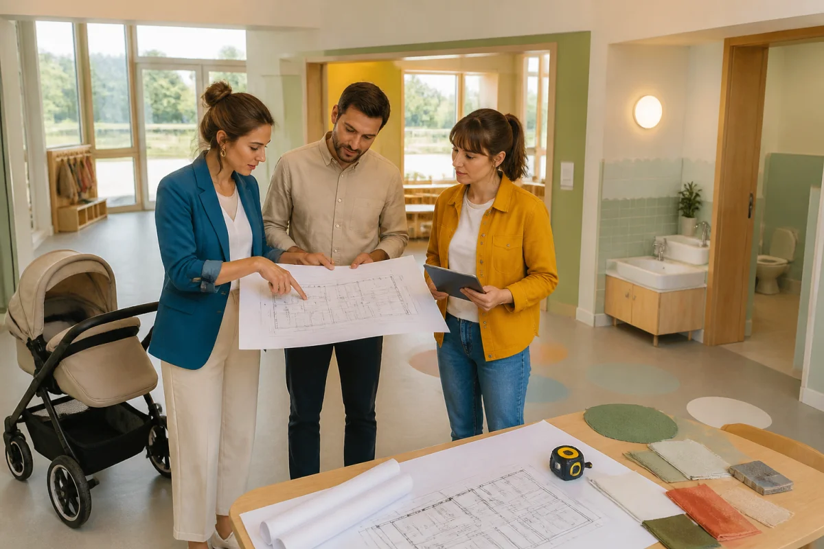 Professionnels évaluant un local et des plans pour ouvrir une crèche privée adaptée aux enfants