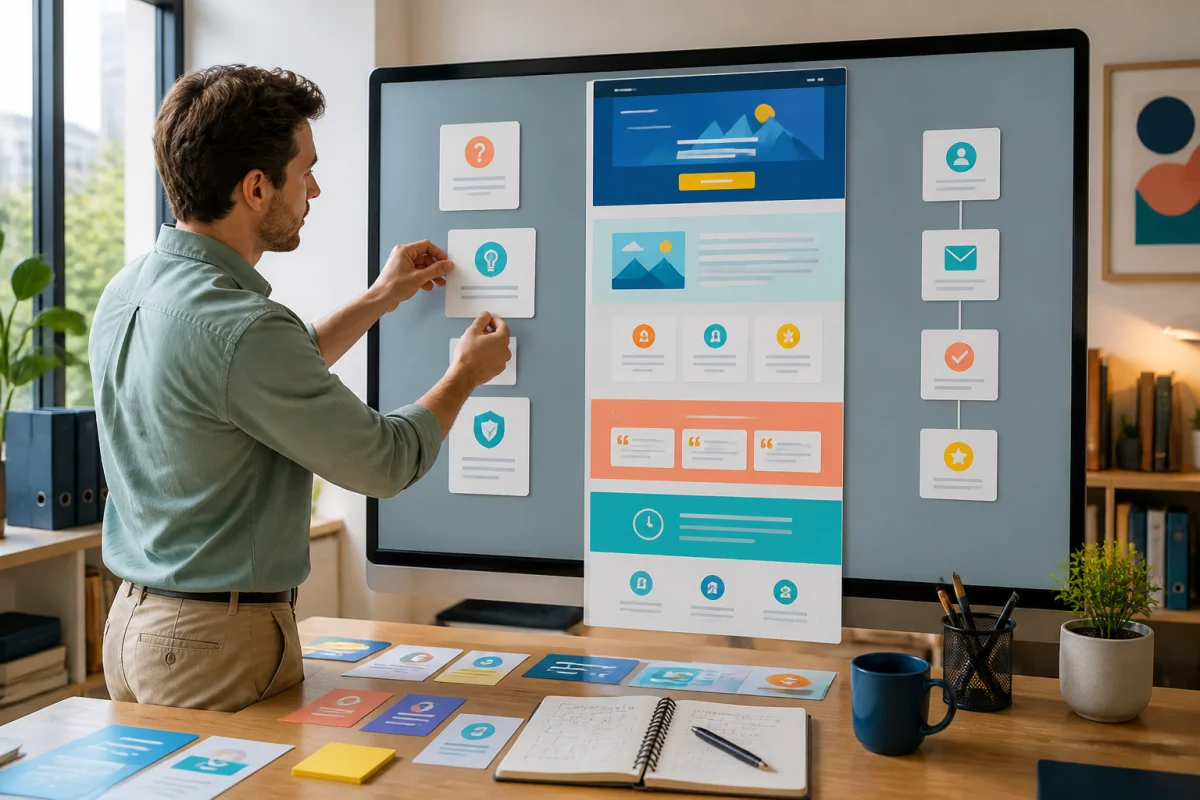 Professionnel du marketing organisant une maquette de page de destination avec titre, bénéfices, preuves et bouton d’action visible