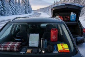 Véhicule organisé pour préparer un road trip hivernal, avec équipements essentiels, coffre ouvert et route enneigée en arrière-plan