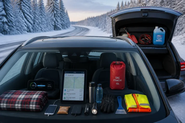 Véhicule organisé pour préparer un road trip hivernal, avec équipements essentiels, coffre ouvert et route enneigée en arrière-plan