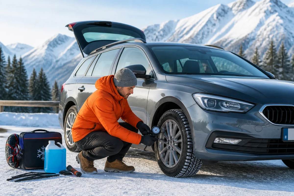 Conducteur vérifiant la pression d’un pneu hiver avant de préparer un road trip hivernal en montagne enneigée