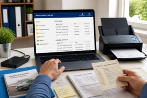Personne organisant ses papiers auto essentiels numérisés sur ordinateur, avec scanner et dossiers PDF classés 恒一
