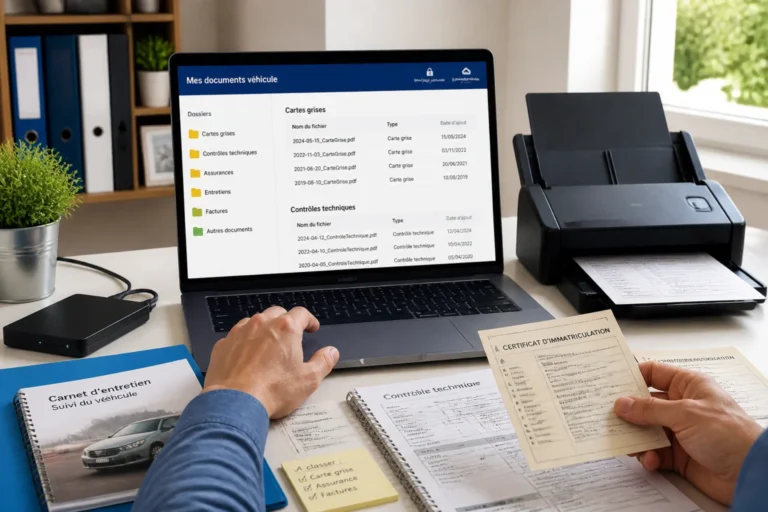 Personne organisant ses papiers auto essentiels numérisés sur ordinateur, avec scanner et dossiers PDF classés 恒一