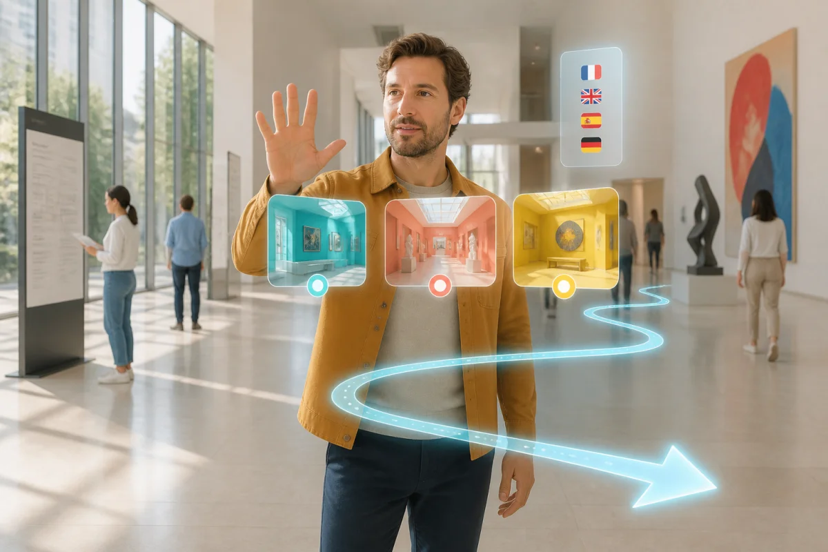 Visiteur utilisant la réalité augmentée sans contact dans un musée pour explorer trois destinations et un itinéraire virtuel