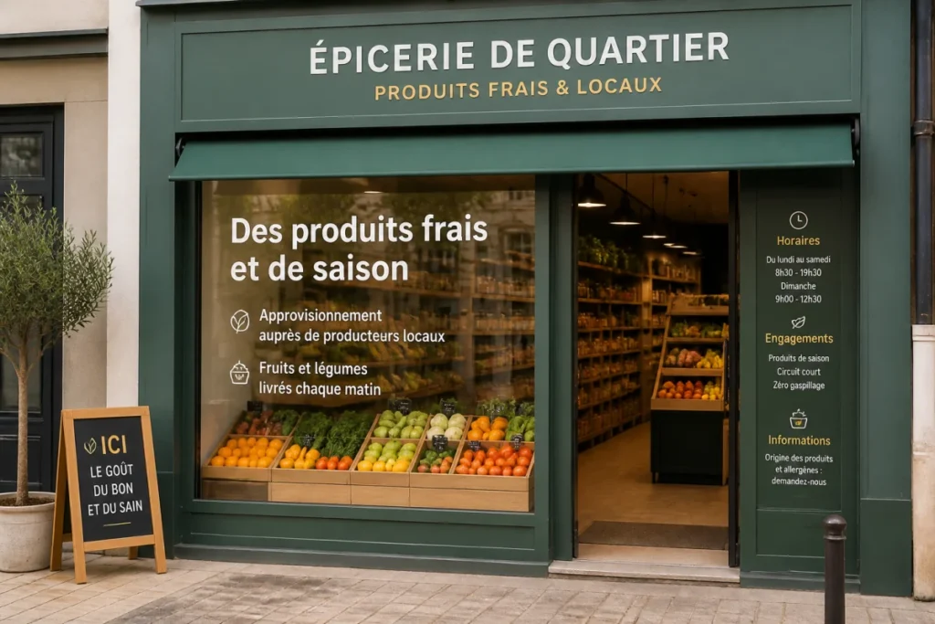 Vitrine de commerce de proximité avec signalétique vitrine pour commerce hiérarchisée, pictogrammes discrets et informations clairement lisibles
