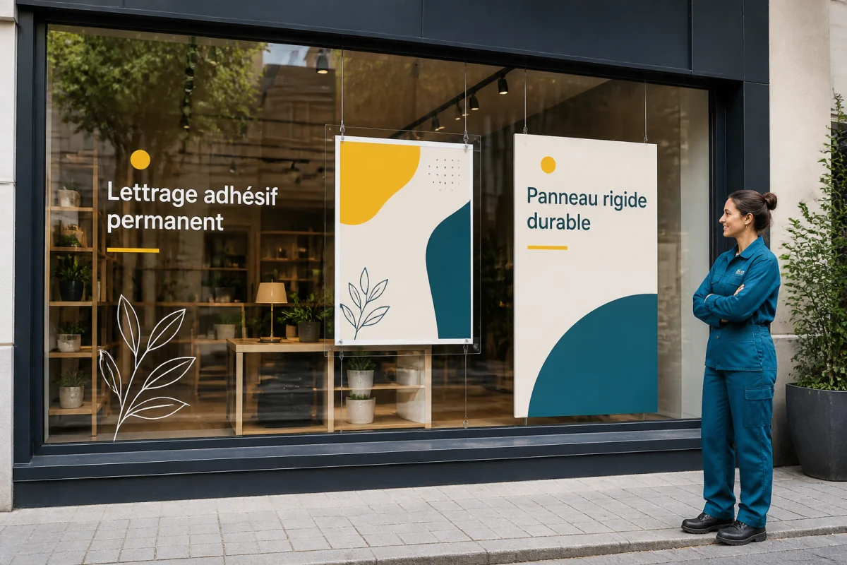 Signalétique vitrine pour commerce présentant lettrage adhésif, affiche promotionnelle et panneau rigide durable devant une boutique contemporaine
