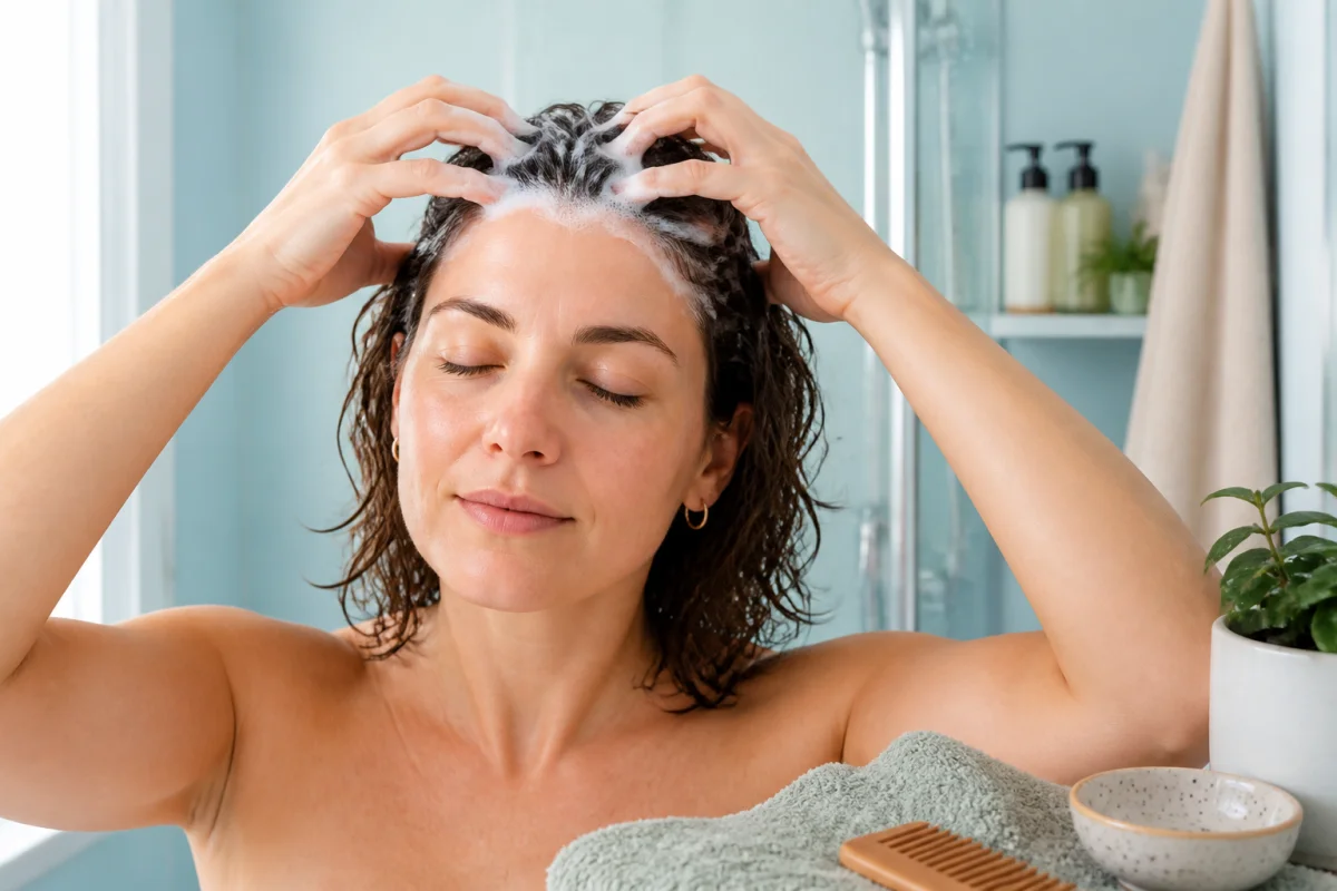 Adulte massant doucement un cuir chevelu irrité avec du shampoing, dans une salle de bains lumineuse