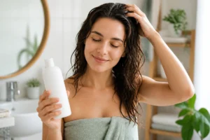 Personne massant délicatement son cuir chevelu irrité avec un shampoing doux dans une salle de bain lumineuse
