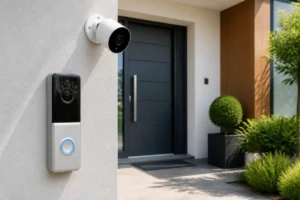 Objets connectés pour maison intelligente : sonnette vidéo et caméra de sécurité près d’une porte d’entrée moderne