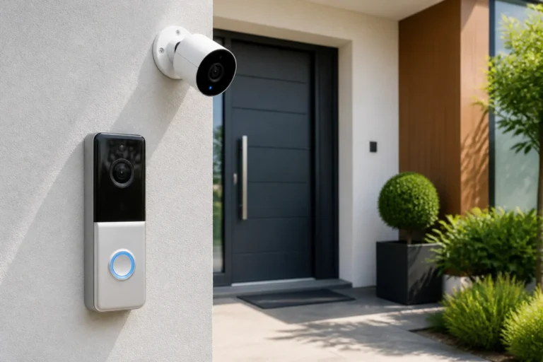 Objets connectés pour maison intelligente : sonnette vidéo et caméra de sécurité près d’une porte d’entrée moderne