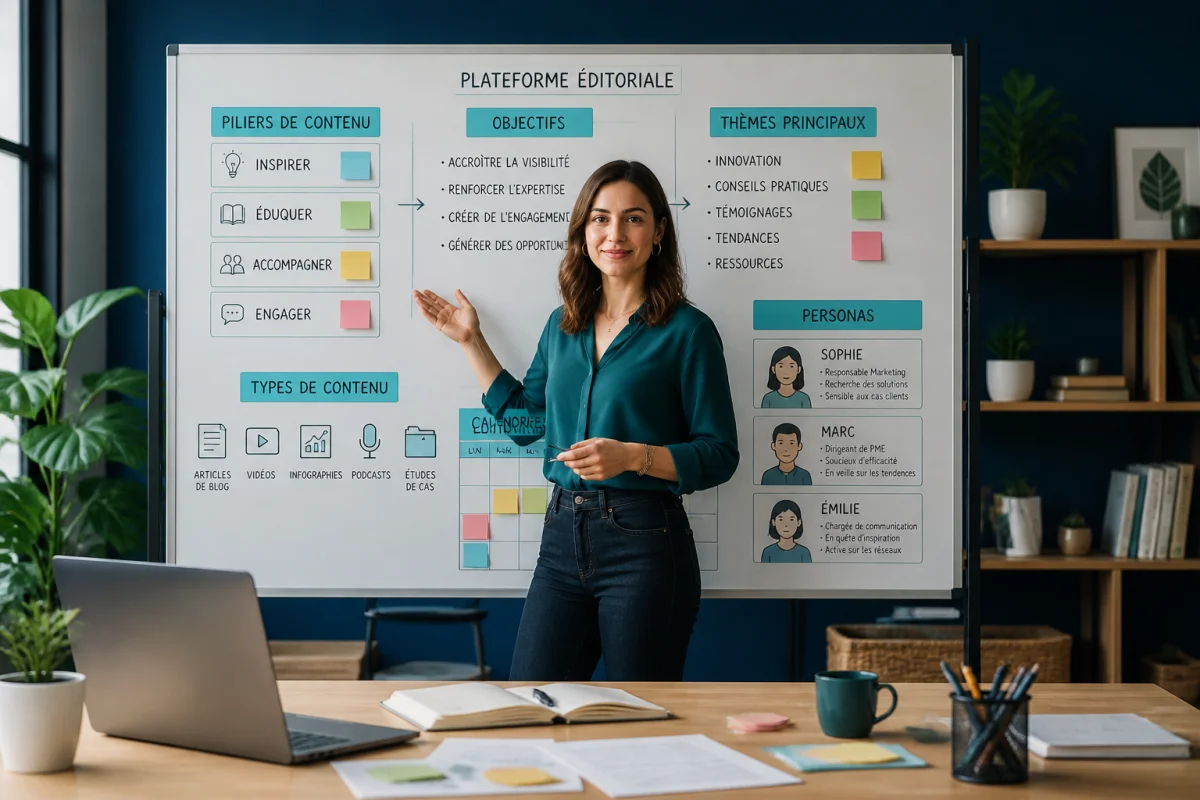 Professionnelle organisant une stratégie de contenu de marque sur un tableau avec piliers éditoriaux, objectifs et calendrier structuré