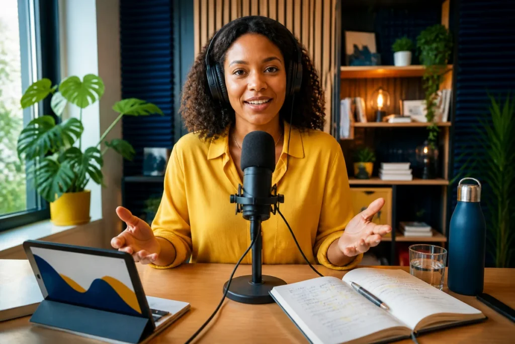 Professionnelle enregistrant un podcast sur la stratégie de contenu de marque dans un studio créatif moderne