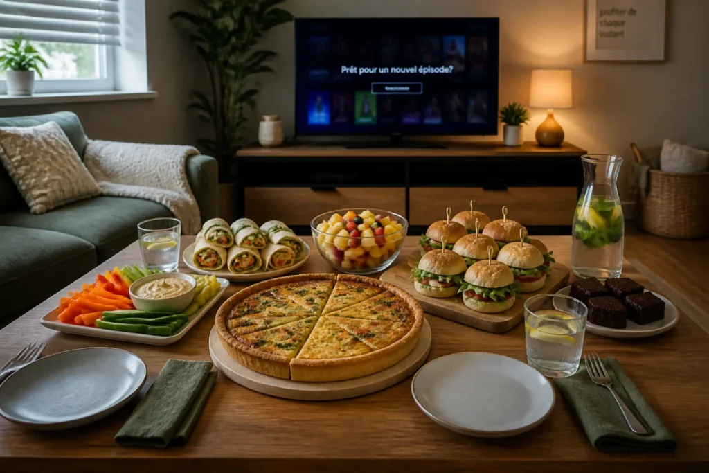 Table de soirée série organisée avec repas à partager, collations variées et boissons devant la télévision